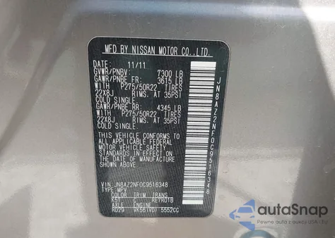 2012 Infiniti Qx56 from USA, damaged, VIN JN8AZ2NF0C9516348